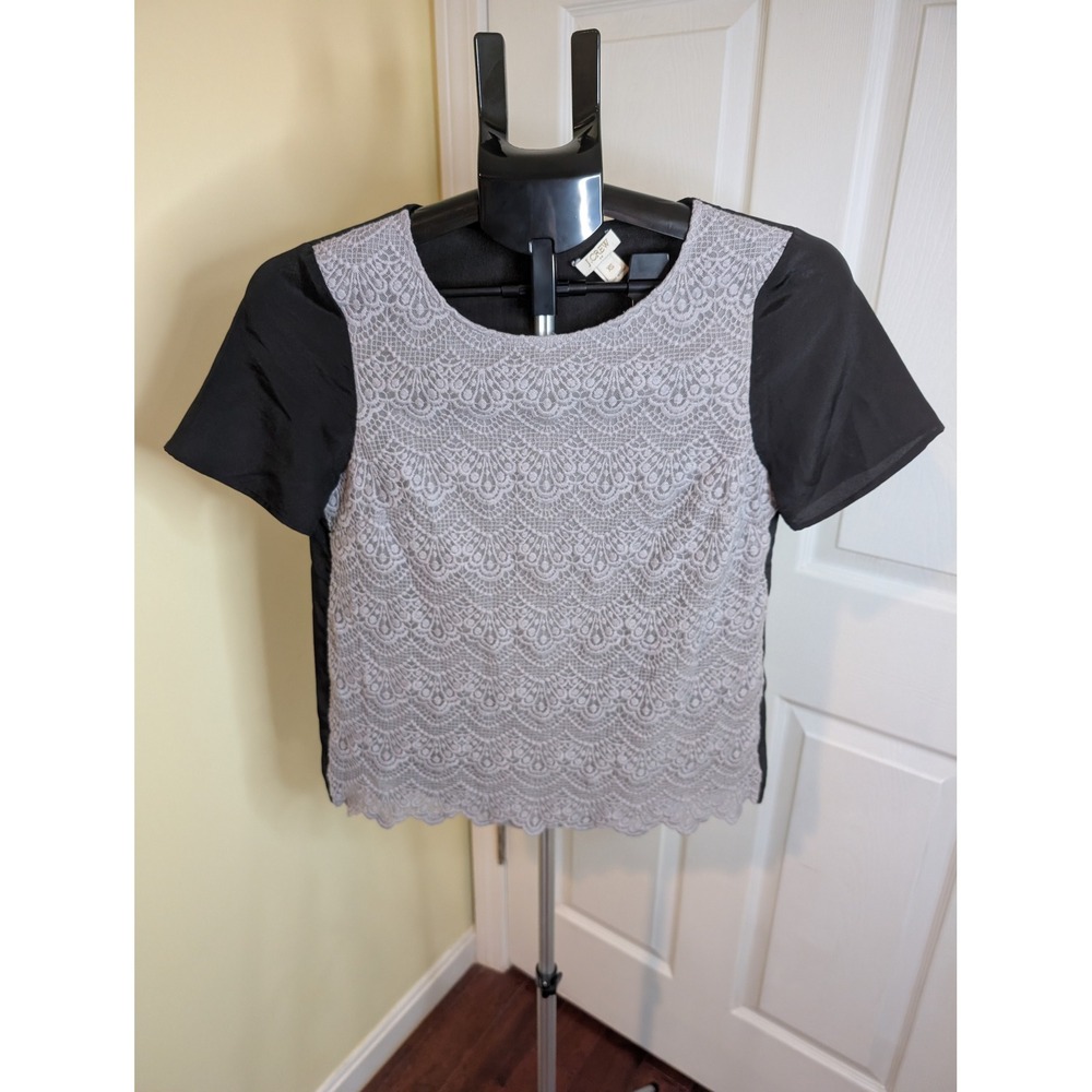 J.Crew Lace Front Mixed Media Blouse Black Grey Short Sleeve Scalloped - Size XS